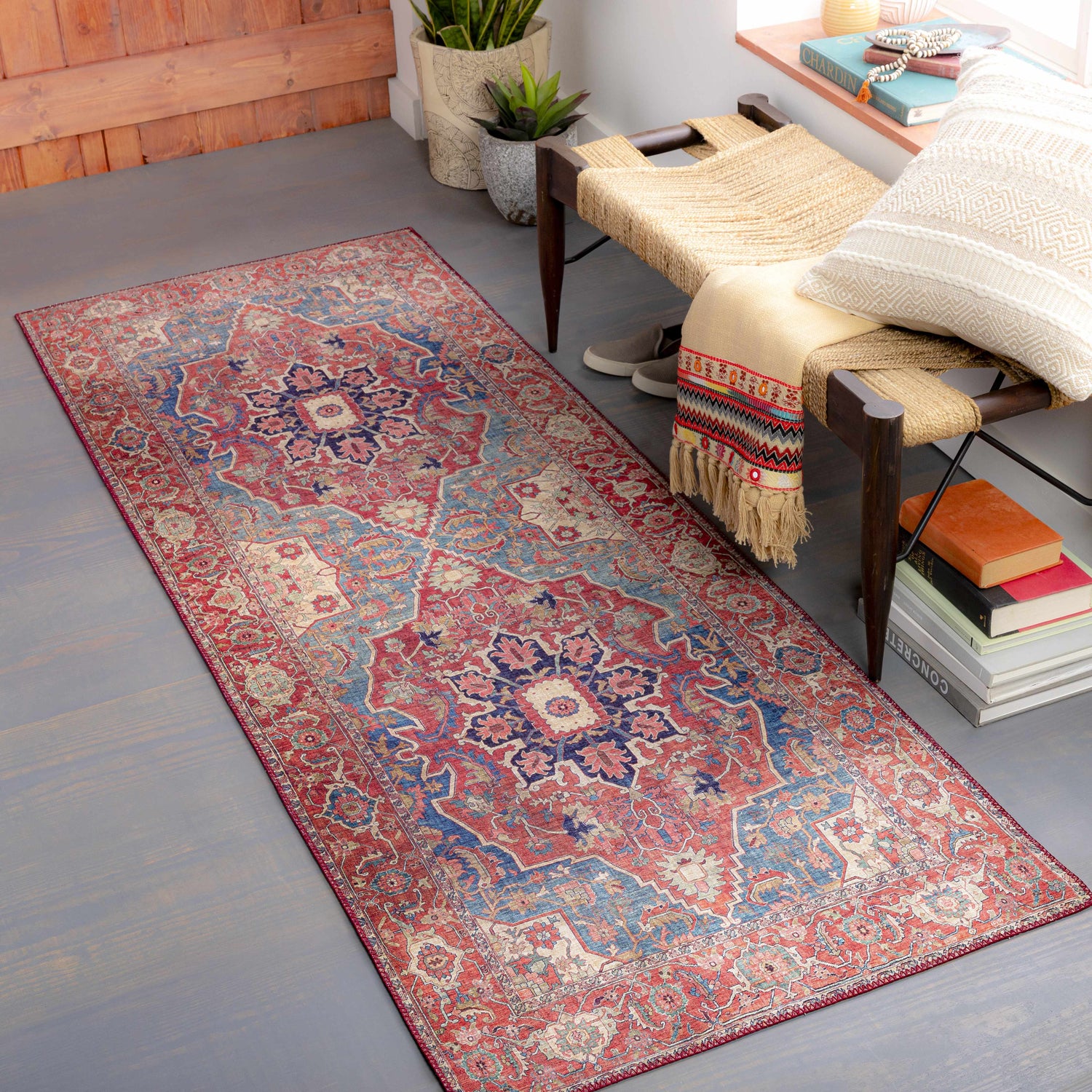 Entryway with Seattle Area Rug runner, woven bench, and decor. Bohemian style with red, blue, and beige tones. Roomscene-Runner