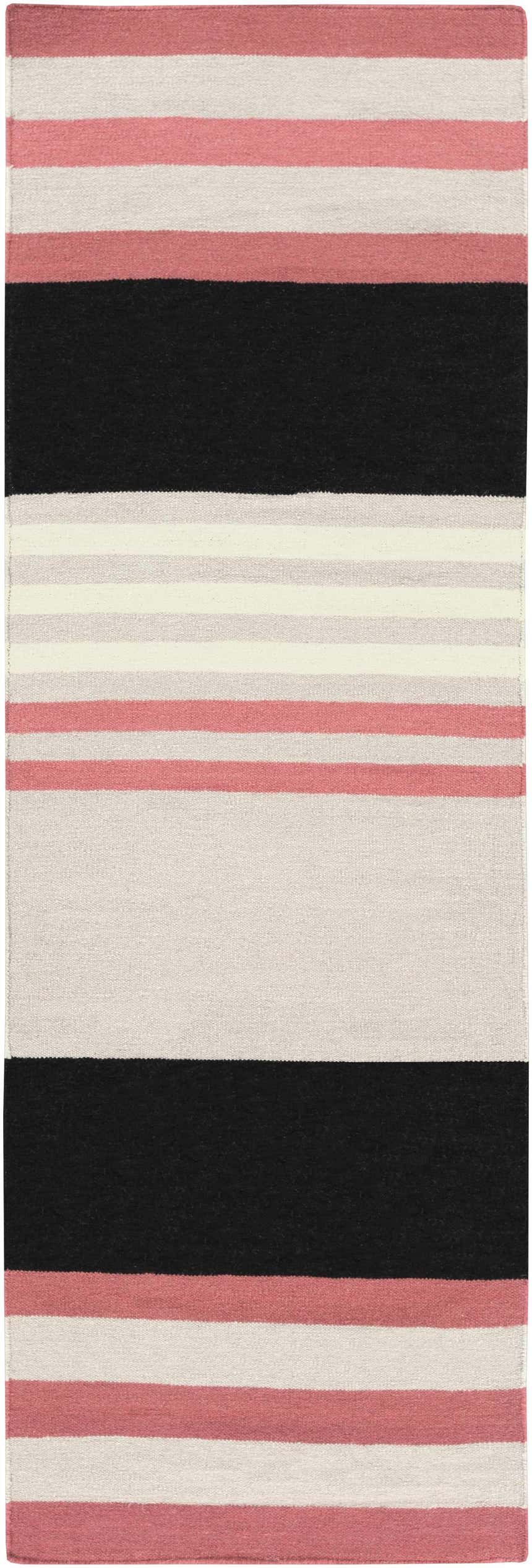 Close-up of the hand woven Sedgwick Area Rug. Black, light gray, and pink stripes on 100% wool. Farmhouse style. Design-Runner-268