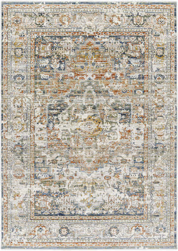 Detailed view of Kazou Blue Medallion Area Rug with light gray, natural gray, blue, and orange traditional pattern. Design-Rectangle-537