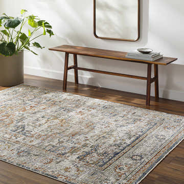 Entryway with Kazou Blue Medallion Area Rug, wood bench, mirror, potted plant, and hardwood floors. Farmhouse style. Roomscene-Rectangle