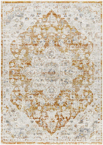 Close-up of the Lecea Rust Area Rug featuring a beige and rust traditional pattern. Design-Rectangle-537