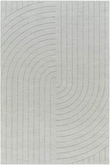 Close-up of the hand-loomed Ayumi Area Rug, showcasing its contemporary gray, silver, and neutral curved and straight line design. Design-Rectangle-576
