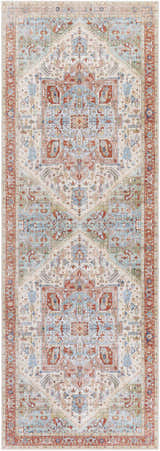 Detailed Selbyville Area Rug close-up. Bohemian style with brick red, emerald, ivory, and light blue tones. Machine woven texture. Design-Runner-2676