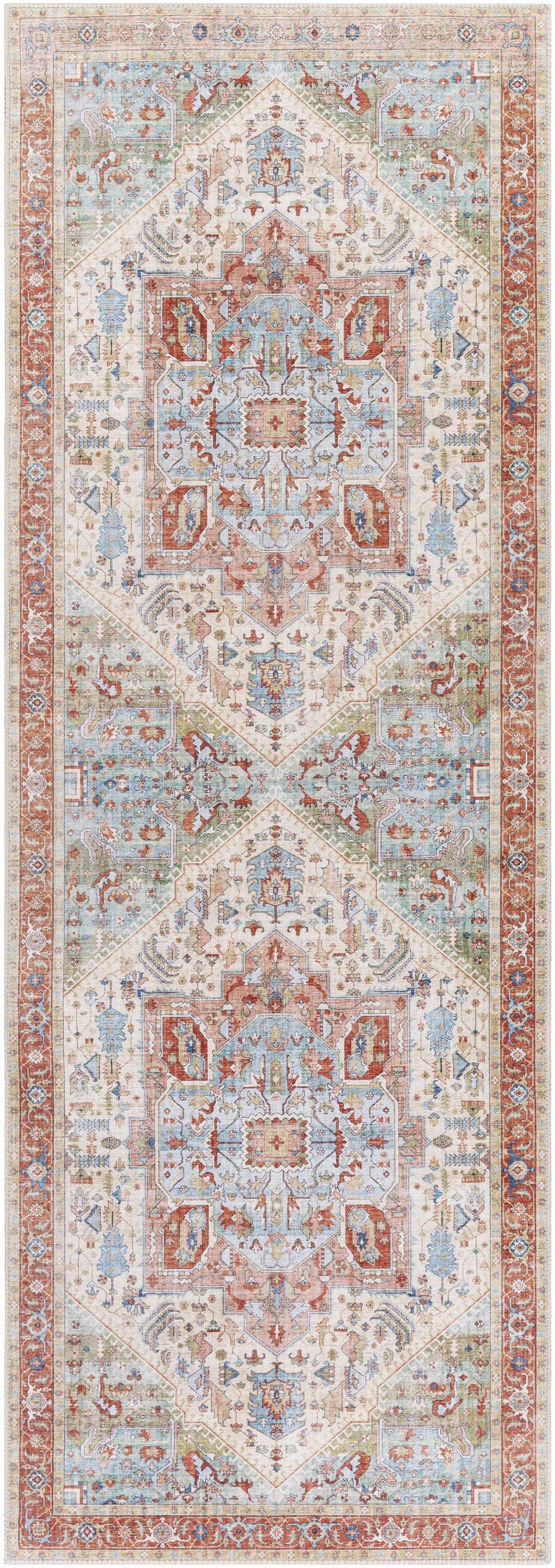 Detailed Selbyville Area Rug close-up. Bohemian style with brick red, emerald, ivory, and light blue tones. Machine woven texture. Design-Runner-2676