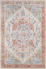 Detailed Selbyville Area Rug with brick red, emerald, ivory, and light blue bohemian-style pattern. Design-Rectangle-576