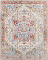 Detailed view of the Selbyville Area Rug, showcasing its brick red, blue, and beige oriental-inspired pattern. Design-Rectangle-7696