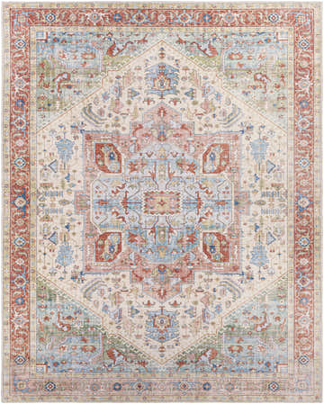 Detailed view of the Selbyville Area Rug, showcasing its brick red, blue, and beige oriental-inspired pattern. Design-Rectangle-7696