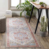 Home office scene with a brick red and blue Selbyville Area Rug, wood desk, plants, and books. Roomscene-Runner