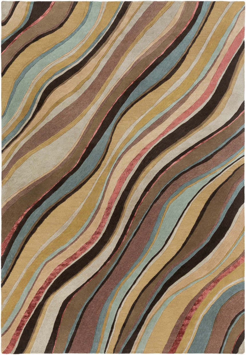 Close-up of Seminole Area Rug. Contemporary design with beige, brown, teal, and mustard wavy stripes. Hand-tufted wool texture. Design-Rectangle-913