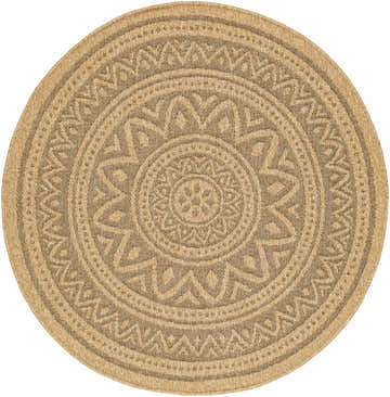 Close-up of round Gitel Area Rug. The rug has a traditional, geometric medallion pattern in beige, tan, and brown tones. Design-Round-53