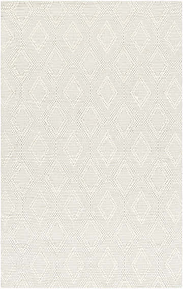 Close-up of the Kasib Cream Hand Woven Area Rug showing its diamond pattern and woven texture in beige and rose cream. Design-Rectangle-576