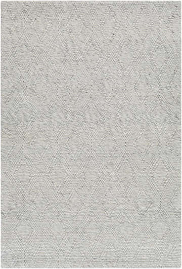 Close-up of the hand woven Kasib Gray Area Rug, featuring a subtle diamond pattern and textured light gray and natural gray yarns. Design-Rectangle-576