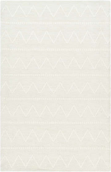 Close-up of the Kyung Cream Area Rug showing its woven texture and geometric chevron pattern in beige and cream. Design-Rectangle-576