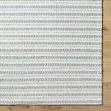 Close-up of the Laleh Gray Area Rug showing a textured, hand-woven design with beige and rose cream stripes. Corner