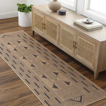Entryway with Atle Washable Jutely Rug in camel and brown. Farmhouse style with wood console table and plant. Roomscene-Runner