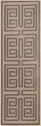 Close-up of the Coty Washable Jutely Rug. Features a geometric, Greek key pattern in charcoal on a natural jute background. Design-Runner-268