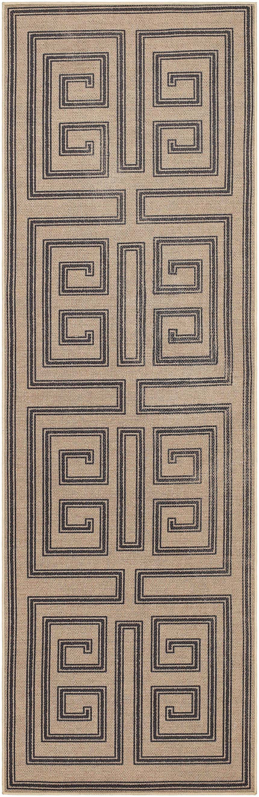 Close-up of the Coty Washable Jutely Rug. Features a geometric, Greek key pattern in charcoal on a natural jute background. Design-Runner-268