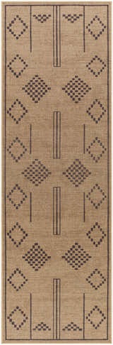 Close-up of Fathi Washable Area Rug. Farmhouse style rug in camel and dark brown with diamond and line pattern. Recycled fabric. Design-Runner-268