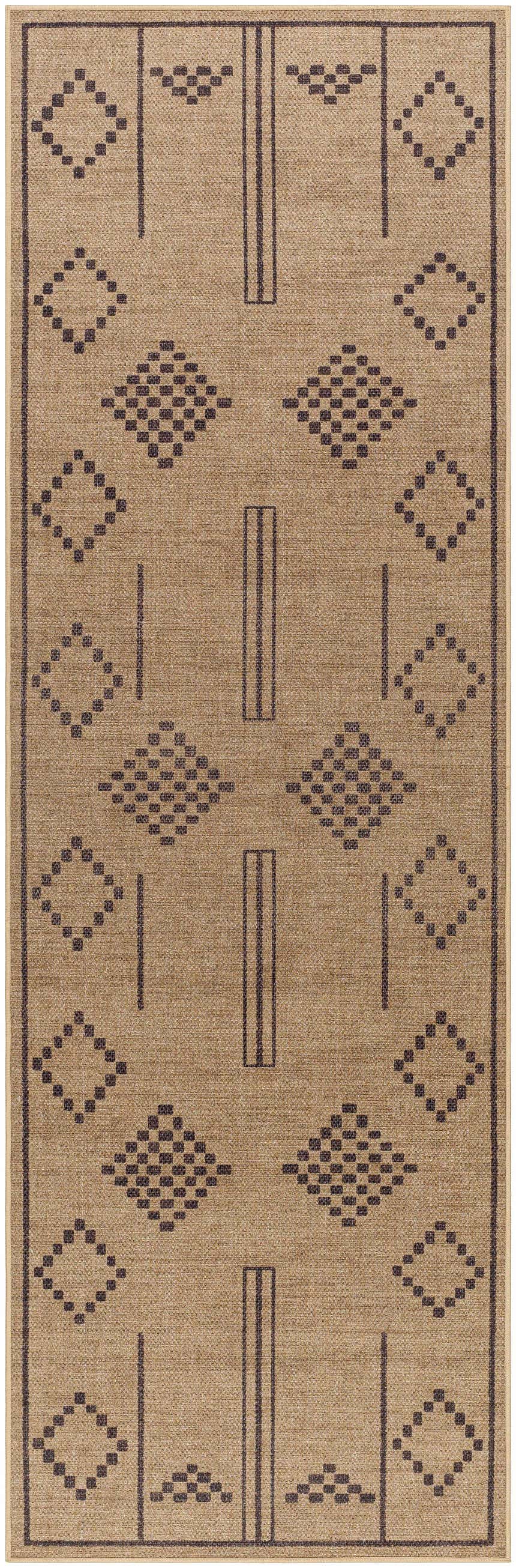 Close-up of Fathi Washable Area Rug. Farmhouse style rug in camel and dark brown with diamond and line pattern. Recycled fabric. Design-Runner-268