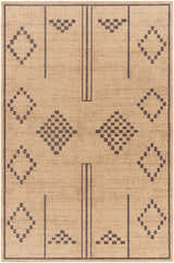 Close-up of the Fathi Washable Area Rug. Camel rug with traditional dark brown diamond and line pattern. Farmhouse style. Design-Rectangle-58