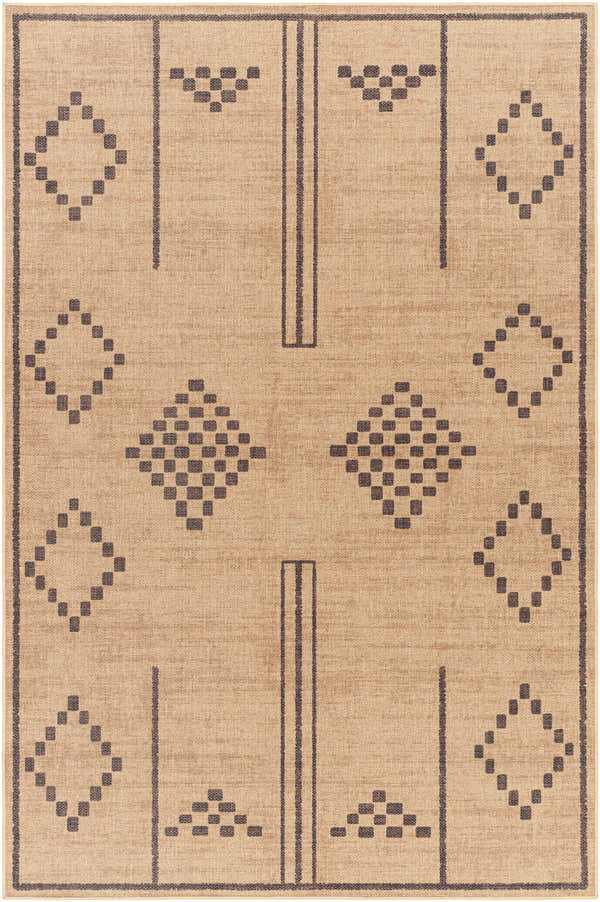 Close-up of the Fathi Washable Area Rug. Camel rug with traditional dark brown diamond and line pattern. Farmhouse style. Design-Rectangle-58
