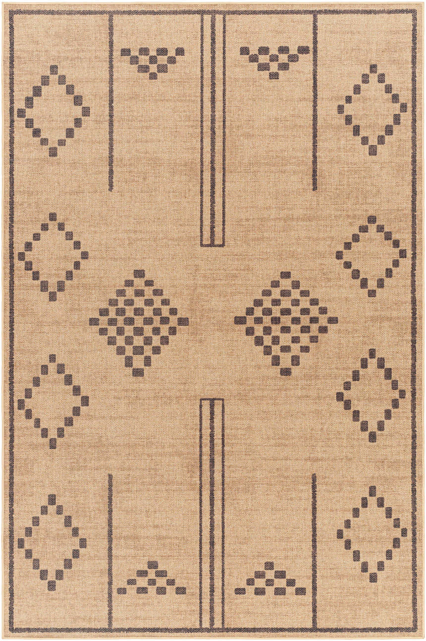 Close-up of the Fathi Washable Area Rug. Camel rug with traditional dark brown diamond and line pattern. Farmhouse style. Design-Rectangle-58