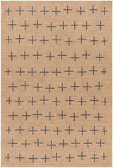 Close-up of the Haimi Black Washable Jutely Rug, featuring a camel jute texture and a dark gray plus sign pattern. Design-Rectangle-58