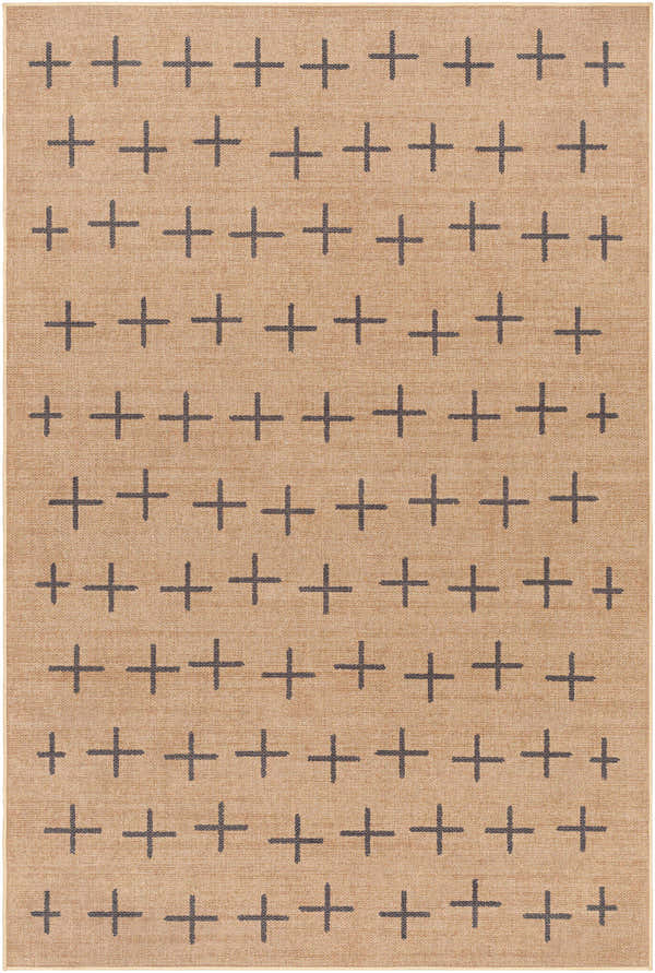 Close-up of the Haimi Black Washable Jutely Rug, featuring a camel jute texture and a dark gray plus sign pattern. Design-Rectangle-58