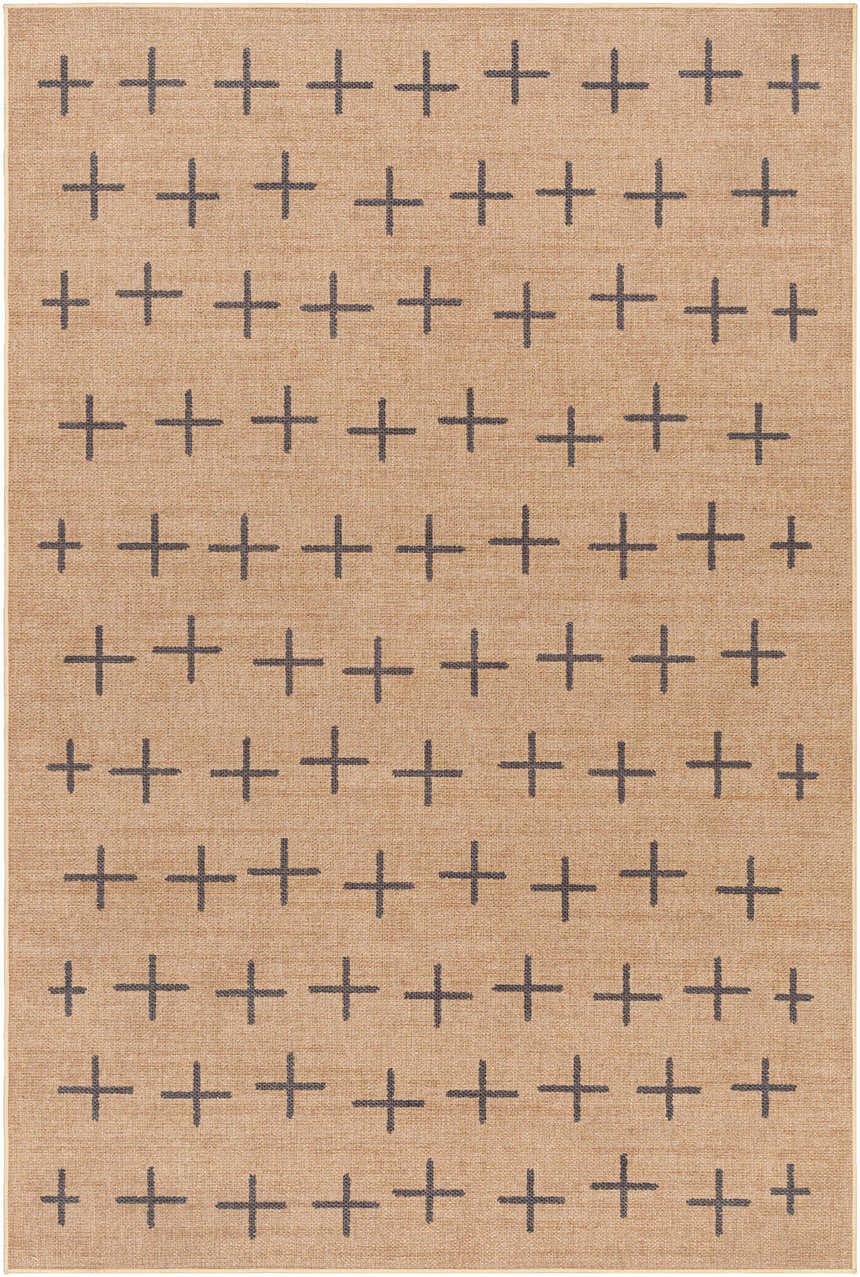 Close-up of the Haimi Black Washable Jutely Rug, featuring a camel jute texture and a dark gray plus sign pattern. Design-Rectangle-58