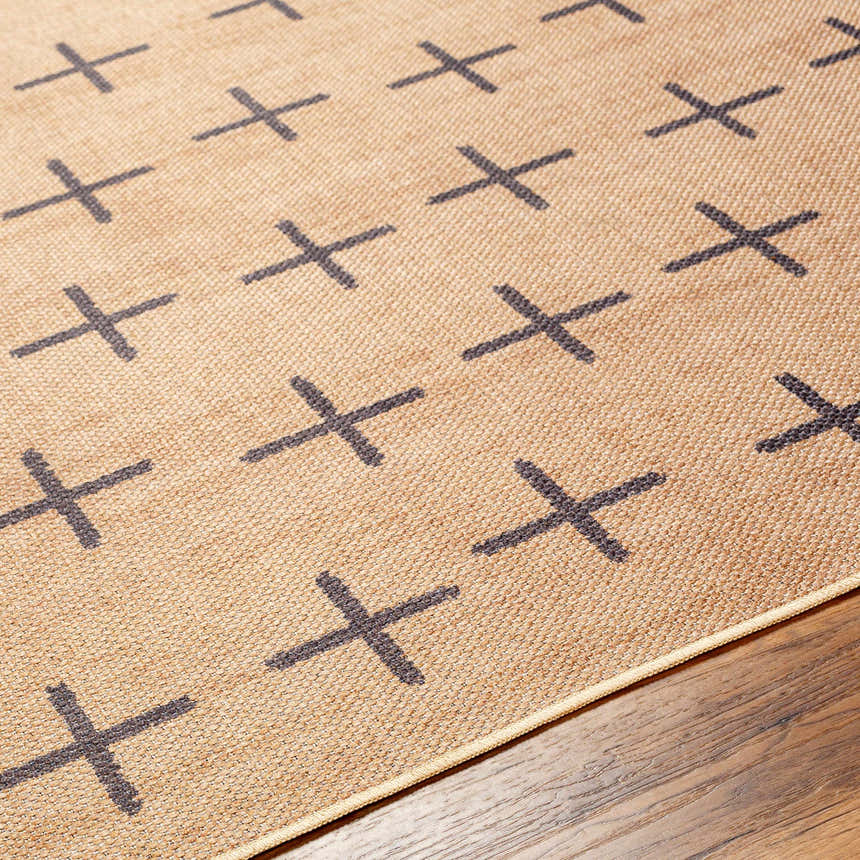 Close-up of the Haimi Black Washable Jutely Rug, showing a camel jute texture and dark gray plus sign pattern. Texture