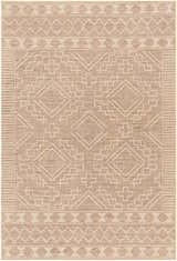 Close-up of the Halle Beige Washable Area Rug featuring a geometric pattern in beige, brown, and off-white hues. Design-Rectangle-58