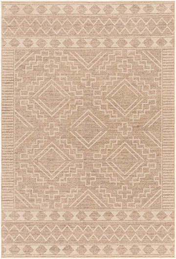 Close-up of the Halle Beige Washable Area Rug featuring a geometric pattern in beige, brown, and off-white hues. Design-Rectangle-58