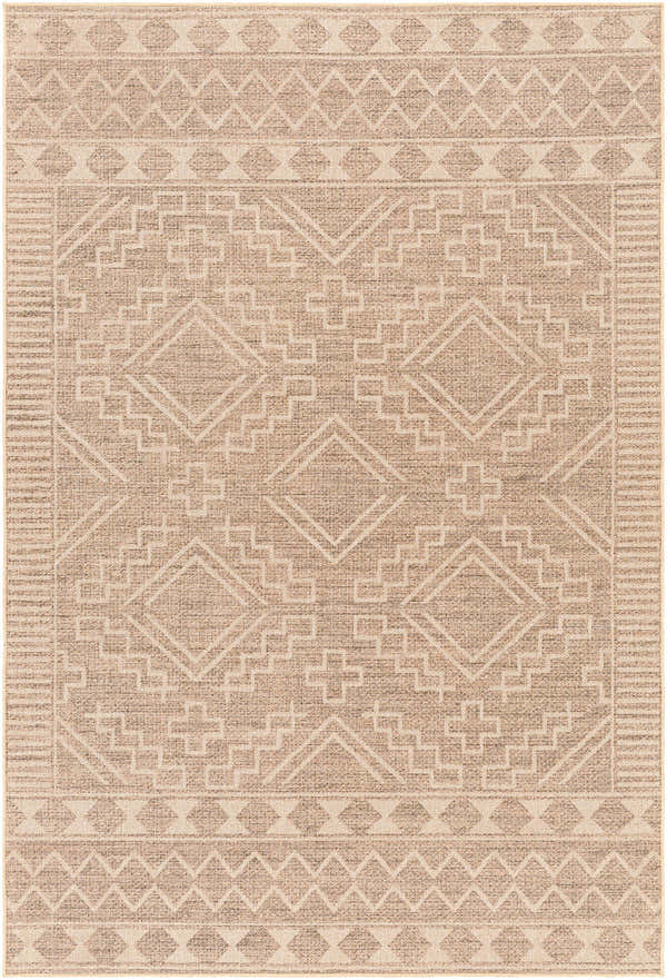 Close-up of the Halle Beige Washable Area Rug featuring a geometric pattern in beige, brown, and off-white hues. Design-Rectangle-58