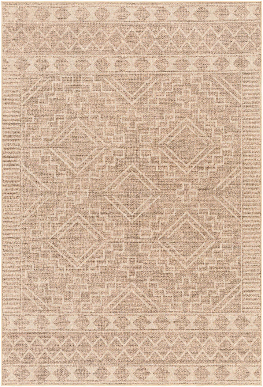 Close-up of the Halle Beige Washable Area Rug featuring a geometric pattern in beige, brown, and off-white hues. Design-Rectangle-58