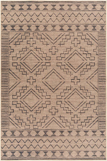 Close-up of Halle Tan & Black Washable Area Rug. Farmhouse style rug with geometric diamond and cross pattern. Design-Rectangle-58