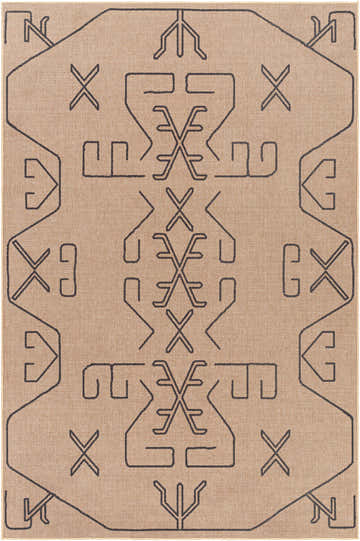 Close-up of the Hamid Washable Jutely Rug in camel with a dark brown geometric pattern. Farmhouse style. Design-Rectangle-58