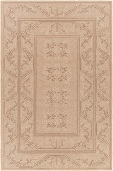 Close-up of Naja Washable Area Rug. Farmhouse style rug in tan and brown with geometric and floral-inspired patterns. Design-Rectangle-58