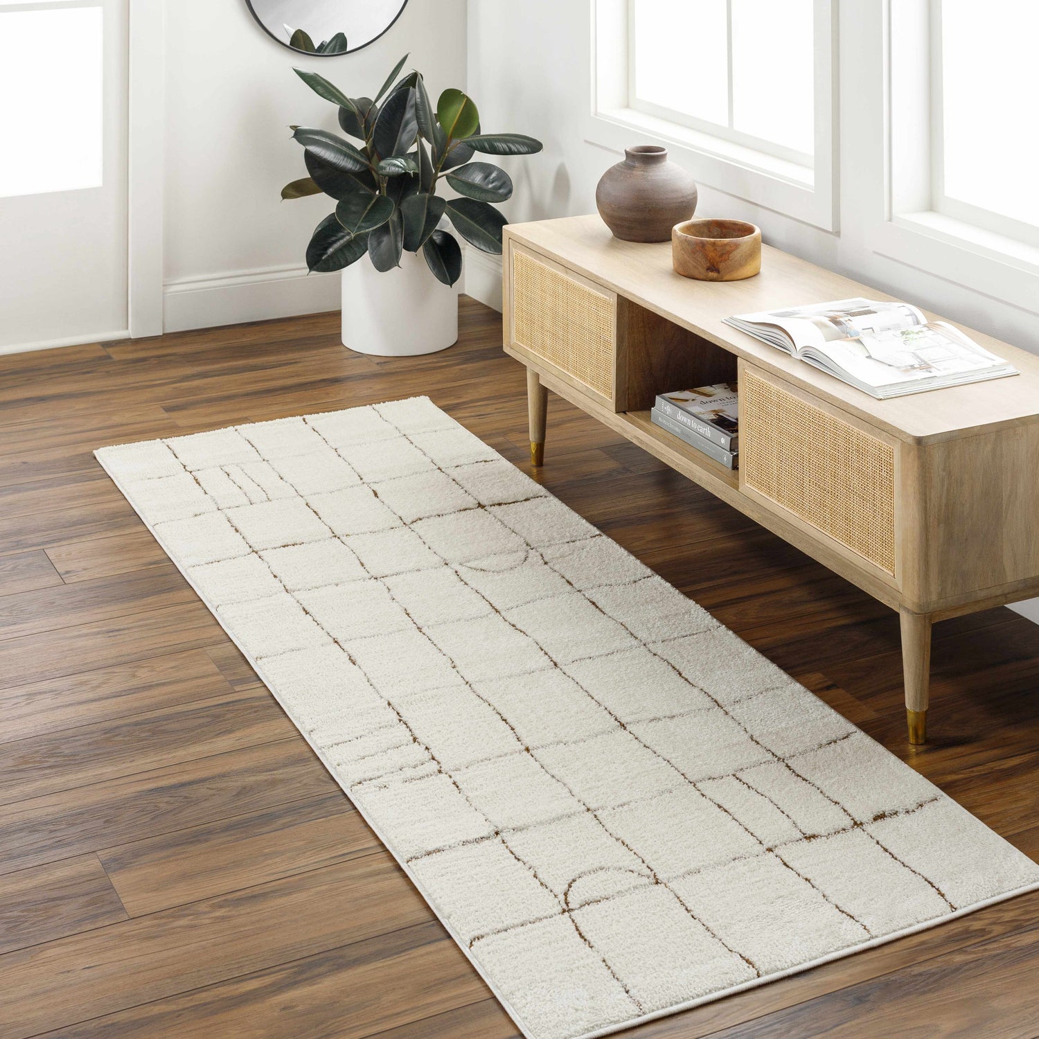 Entryway with beige Keanu area rug, geometric pattern, wood floors, console table, and potted plant. Roomscene-Runner
