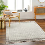 Living room scene with a beige Ajda Area Rug, woven chair, and wood cabinet. Roomscene-Rectangle