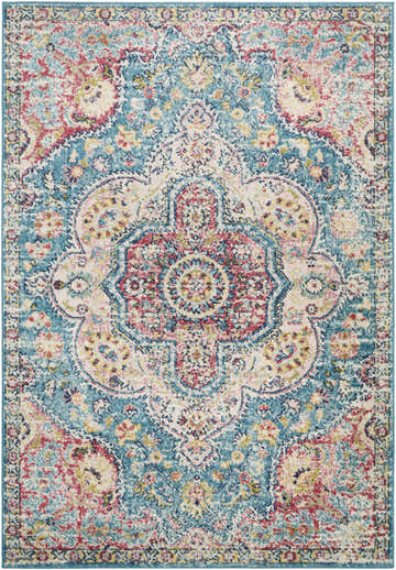 Detailed Sharnbrook Area Rug close-up. Traditional oriental design in cream, blue, pink, and yellow. Design-Rectangle-537
