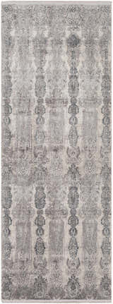 Close-up of Shipdham Luxury Fringed Faux Silk Area Rug. Contemporary style rug in black, charcoal, and gray with traditional patterns. Design-Runner-38