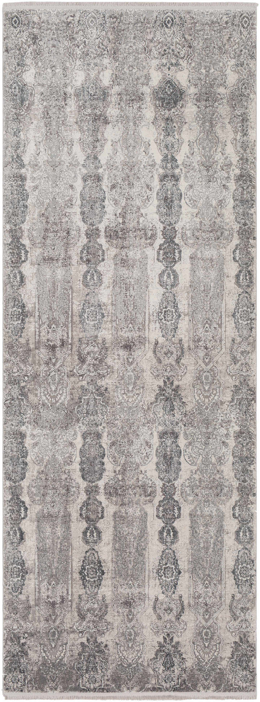 Close-up of Shipdham Luxury Fringed Faux Silk Area Rug. Contemporary style rug in black, charcoal, and gray with traditional patterns. Design-Runner-38