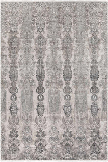 Close-up of Shipdham Luxury Fringed Faux Silk Area Rug. Features black, charcoal, and gray traditional damask pattern. Design-Rectangle-576
