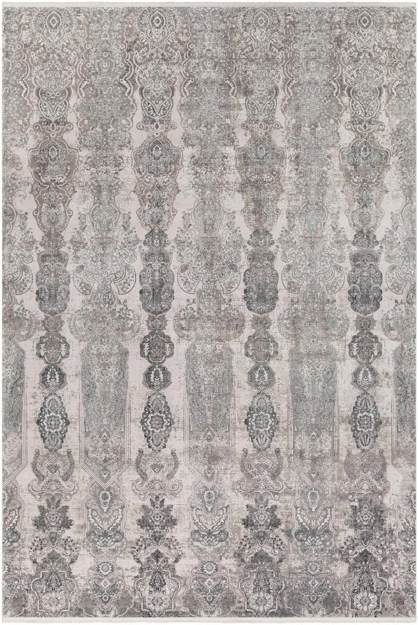Close-up of Shipdham Luxury Fringed Faux Silk Area Rug. Features black, charcoal, and gray traditional damask pattern. Design-Rectangle-576