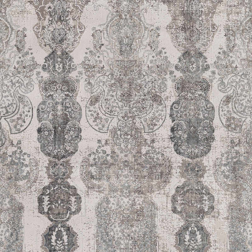 Close-up of Shipdham Luxury Fringed Faux Silk Area Rug. Gray, charcoal, and light gray traditional pattern. Swatch