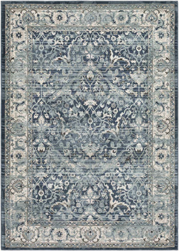 Detailed close-up of the blue, gray, and oatmeal Shokan Area Rug with a traditional, vintage-inspired floral pattern. Design-Rectangle-5174