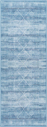 Close-up of the Blake Arctic Sky Washable Area Rug. Features a traditional geometric pattern in shades of blue, gray and white. Design-Runner-2773