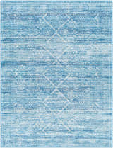 Close-up of Blake Arctic Sky Washable Area Rug. Features a farmhouse-style geometric pattern in arctic sky, denim, and white. Design-Rectangle-537