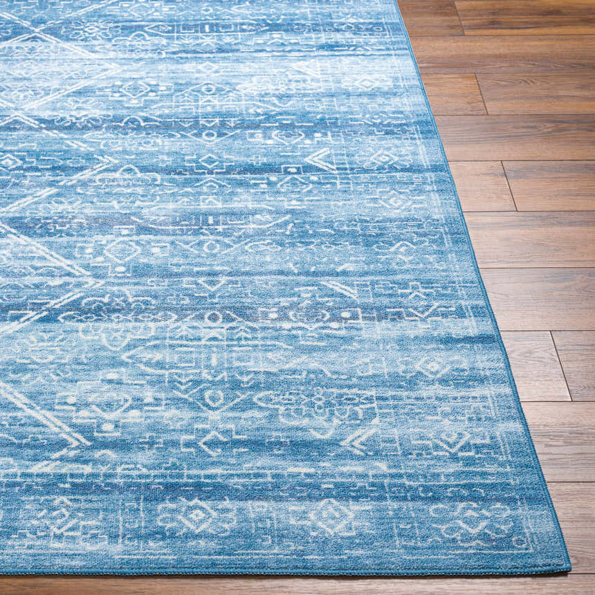 Close-up of the Blake Arctic Sky Washable Area Rug showing its blue hues and traditional-inspired geometric pattern. Front