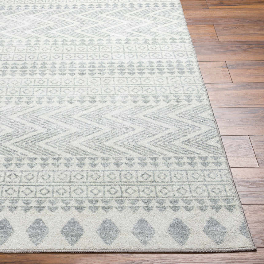 Close-up of the Danon Washable Area Rug in arctic stone and gray, featuring a geometric pattern on a wood floor. Front